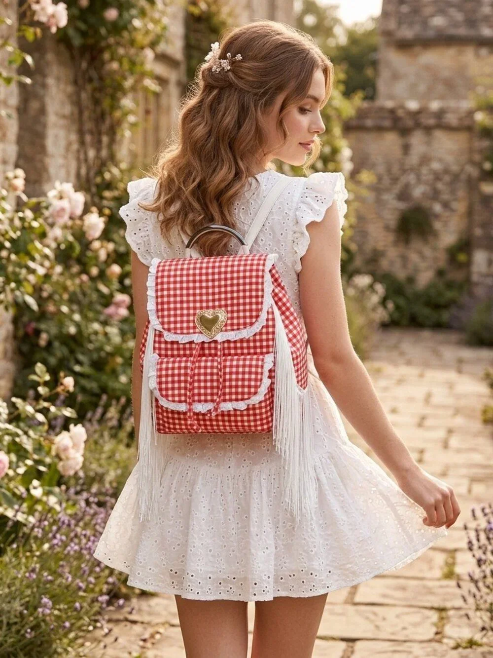 Gingham Seaside Sweetheart Fringe Backpack